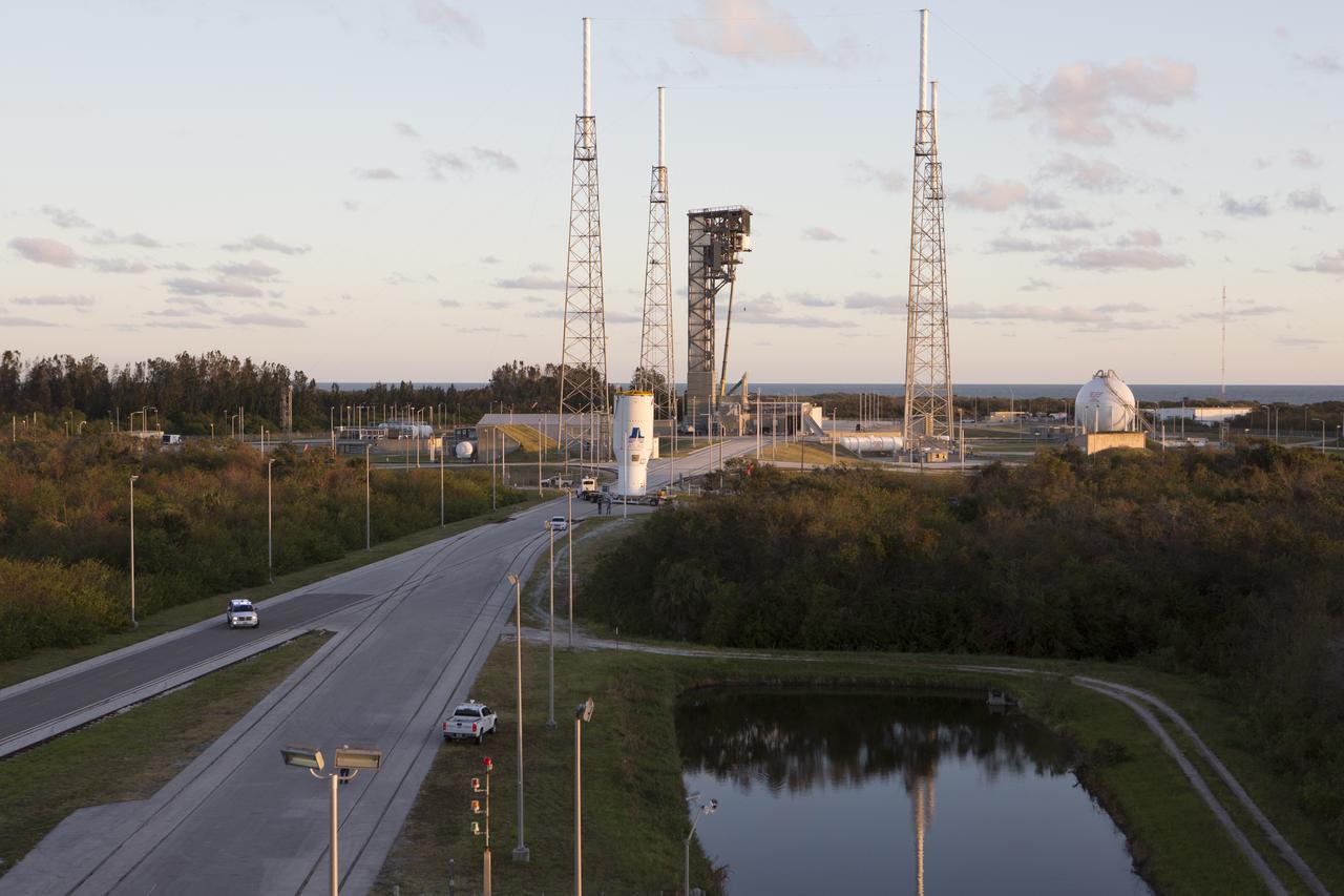 The United Launch Alliance Atlas V Centaur second stage is on its way to the Vertical Integration Facility at Space Launch Complex 41 at Cape Canaveral Air Force Station in Florida. The Geostationary Operational Environmental Satellite (GOES-R) will launch aboard the Atlas V rocket in November. GOES-R is the first satellite in a series of next-generation NOAA GOES Satellites.