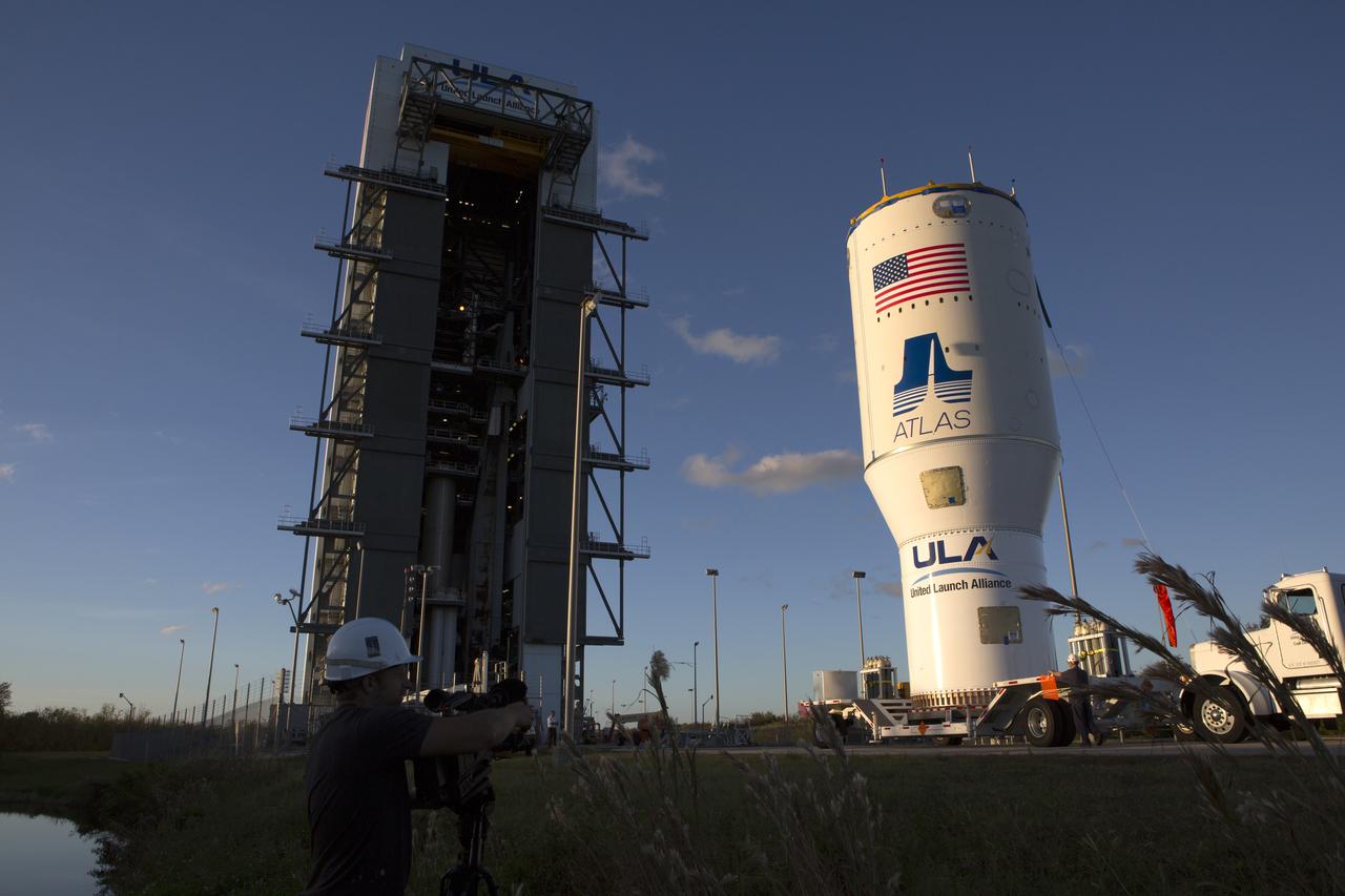The United Launch Alliance Atlas V Centaur second stage arrives at the Vertical Integration Facility at Space Launch Complex 41 at Cape Canaveral Air Force Station in Florida. The Geostationary Operational Environmental Satellite (GOES-R) will launch aboard the Atlas V rocket in November. GOES-R is the first satellite in a series of next-generation NOAA GOES Satellites. 