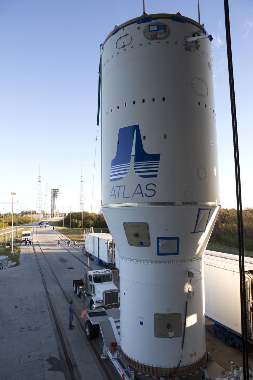 A close-up view of the United Launch Alliance Atlas V Centaur second stage as it travels to the Vertical Integration Facility at Space Launch Complex 41 at Cape Canaveral Air Force Station in Florida. The Geostationary Operational Environmental Satellite (GOES-R) will launch aboard the Atlas V rocket in November. GOES-R is the first satellite in a series of next-generation NOAA GOES Satellites.