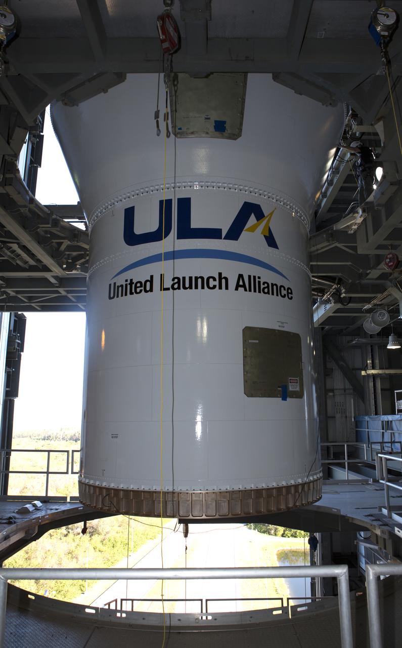 The United Launch Alliance Atlas V Centaur second stage has been lifted up and transferred into the Vertical Integration Facility at Space Launch Complex 41 at Cape Canaveral Air Force Station in Florida. The Geostationary Operational Environmental Satellite (GOES-R) will launch aboard the Atlas V rocket in November. GOES-R is the first satellite in a series of next-generation NOAA GOES Satellites.