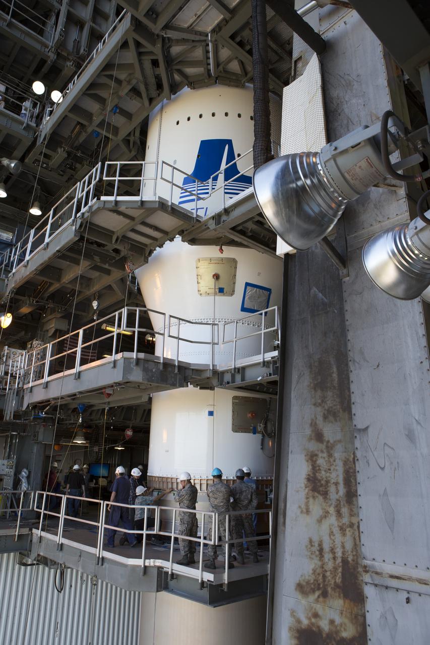 Operations are underway to stack the United Launch Alliance Atlas V Centaur second stage onto the first stage in the Vertical Integration Facility at Space Launch Complex 41 at Cape Canaveral Air Force Station in Florida. The Geostationary Operational Environmental Satellite (GOES-R) will launch aboard the Atlas V rocket in November. GOES-R is the first satellite in a series of next-generation NOAA GOES Satellites.