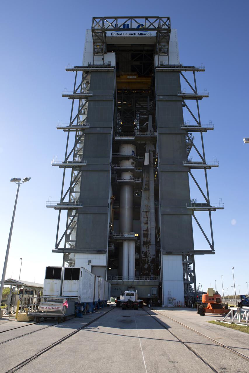 Operations are underway to stack the United Launch Alliance Atlas V Centaur second stage onto the first stage in the Vertical Integration Facility at Space Launch Complex 41 at Cape Canaveral Air Force Station in Florida. The Geostationary Operational Environmental Satellite (GOES-R) will launch aboard the Atlas V rocket in November. GOES-R is the first satellite in a series of next-generation NOAA GOES Satellites.