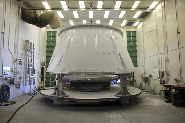 NASA image: Orion EM-1 Booster Preps - Aft Skirt Preps/Painting