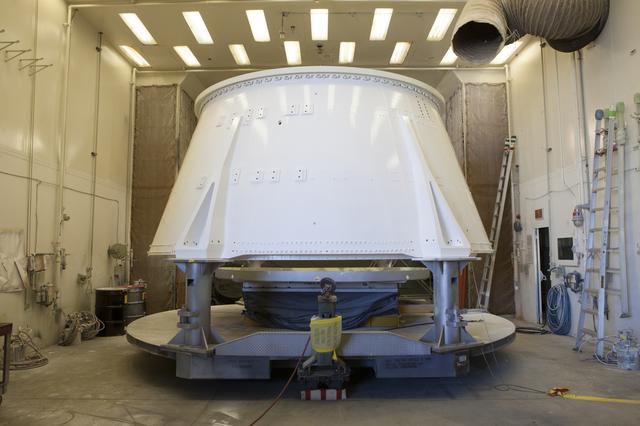 NASA image: Orion EM-1 Booster Preps - Aft Skirt Preps/Painting