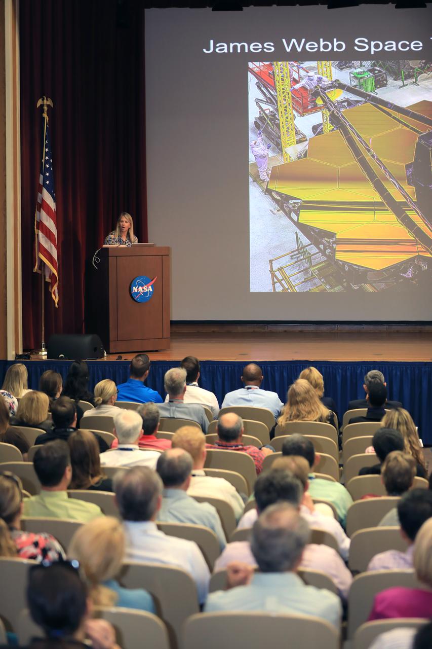 Dr. Dava Newman, NASA's deputy administrator, speaks to employees at the Florida spaceport during the annual KickStart Innovation Expo. The event gives employees an opportunity to present proposals for new ideas and processes. A small amount of funding is awarded to those selected allowing individuals or teams to procure needed items to implement their projects. Kennedy employees are encouraged to look for ways to do their work better and to propose concepts for tackling future mission needs.