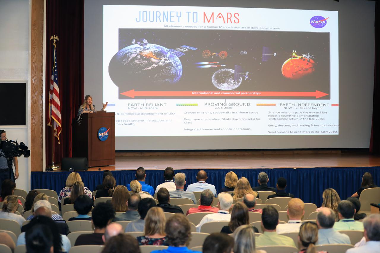 Dr. Dava Newman, NASA's deputy administrator, speaks to employees at the Florida spaceport during the annual KickStart Innovation Expo. The event gives employees an opportunity to present proposals for new ideas and processes. A small amount of funding is awarded to those selected allowing individuals or teams to procure needed items to implement their projects. Kennedy employees are encouraged to look for ways to do their work better and to propose concepts for tackling future mission needs.