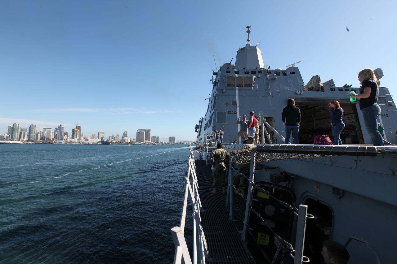 The USS San Diego approaches the coast of San Diego, California after completion of Underway Recovery Test 5 in the Pacific Ocean. NASA's Ground Systems Development and Operations Program and the U.S. Navy conducted a series of tests, called Underway Recovery Test 5, using the ship's well deck and a test version of the Orion crew module to prepare for recovery of Orion on its return from deep space missions. The testing allowed the team to demonstrate and evaluate recovery processes, procedures, hardware and personnel in open waters. Orion is the exploration spacecraft designed to carry astronauts to destinations not yet explored by humans, including an asteroid and NASA's Journey to Mars. It will have emergency abort capability, sustain the crew during space travel and provide safe re-entry from deep space return velocities. Orion is scheduled to launch on NASA's Space Launch System in late 2018. For more information, visit http://www.nasa.gov/orion. 
