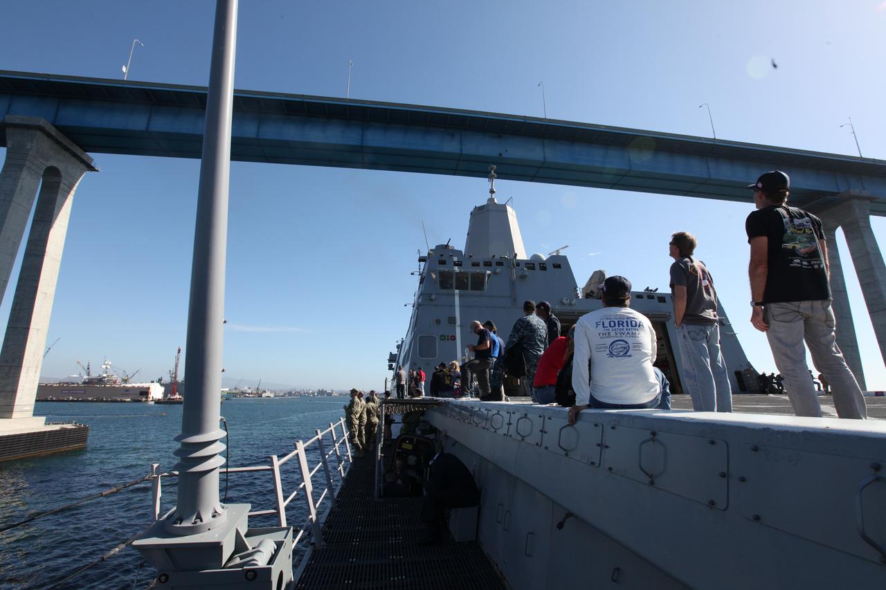 The USS San Diego approaches Naval Base San Diego in California after completion of Underway Recovery Test 5 in the Pacific Ocean. NASA's Ground Systems Development and Operations Program and the U.S. Navy conducted a series of tests using the ship's well deck and a test version of the Orion crew module to prepare for recovery of Orion on its return from deep space missions. The testing allowed the team to demonstrate and evaluate recovery processes, procedures, hardware and personnel in open waters. Orion is the exploration spacecraft designed to carry astronauts to destinations not yet explored by humans, including an asteroid and NASA's Journey to Mars. It will have emergency abort capability, sustain the crew during space travel and provide safe re-entry from deep space return velocities. Orion is scheduled to launch on NASA's Space Launch System in late 2018. For more information, visit http://www.nasa.gov/orion. 