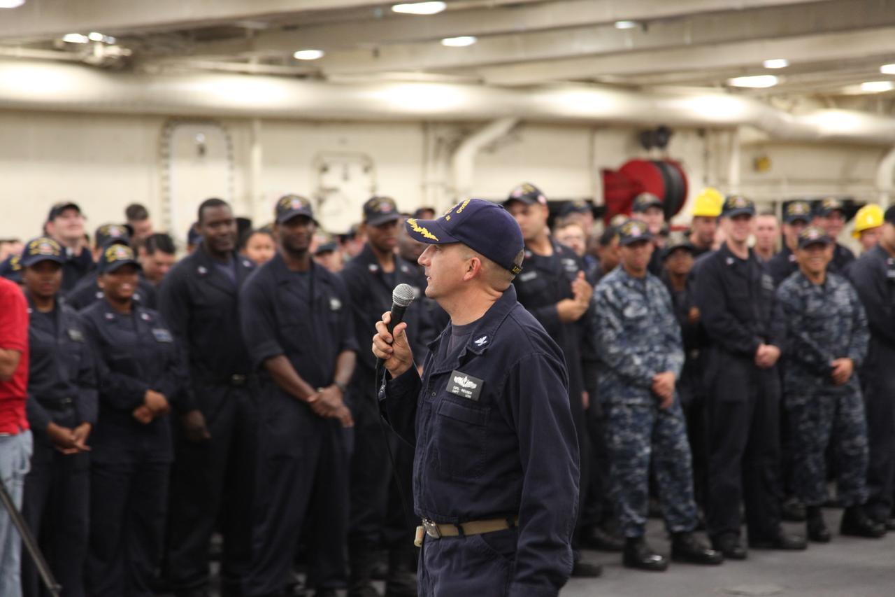 Orion Underway Recovery Test 5 team members gather in the USS San Diego during wrap up of the series of tests. NASA's Ground Systems Development and Operations Program and the U.S. Navy practiced recovery techniques in the Pacific Ocean off the coast of California over several days, using the well deck of the ship and a test version of the Orion crew module to prepare for recovery of Orion on its return from deep space missions. The testing allowed the team to demonstrate and evaluate recovery processes, procedures, hardware and personnel in open waters. Orion is the exploration spacecraft designed to carry astronauts to destinations not yet explored by humans, including an asteroid and NASA's Journey to Mars. It will have emergency abort capability, sustain the crew during space travel and provide safe re-entry from deep space return velocities. Orion is scheduled to launch on NASA's Space Launch System in late 2018. For more information, visit http://www.nasa.gov/orion.