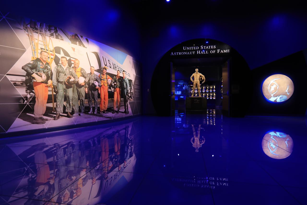Inside the Heroes and Legends attraction at the Kennedy Space Center Visitor Complex, a statue of astronaut Alan Shepard, America's first person in space, stands just inside the doors to the U.S. Astronaut Hall of Fame. In addition to displays honoring the Americans currently enshrined in the U. S. Astronaut Hall of Fame, the new facility looks back to the pioneering efforts of Mercury, Gemini and Apollo. It sets the stage by providing the background and context for space exploration and the legendary men and women who pioneered the nation's journey into space.