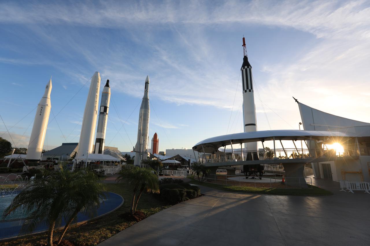 Entrance to the Heroes and Legends attraction at the Kennedy Space Center Visitor Complex is by way of a sweeping ramp designed to simulate a journey to the stars by way of the "Rocket Garden." The new facility includes the U.S. Astronaut Hall of Fame and looks back to the pioneering efforts of Mercury, Gemini and Apollo. It sets the stage by providing the background and context for space exploration and the legendary men and women who pioneered the nation's journey into space.