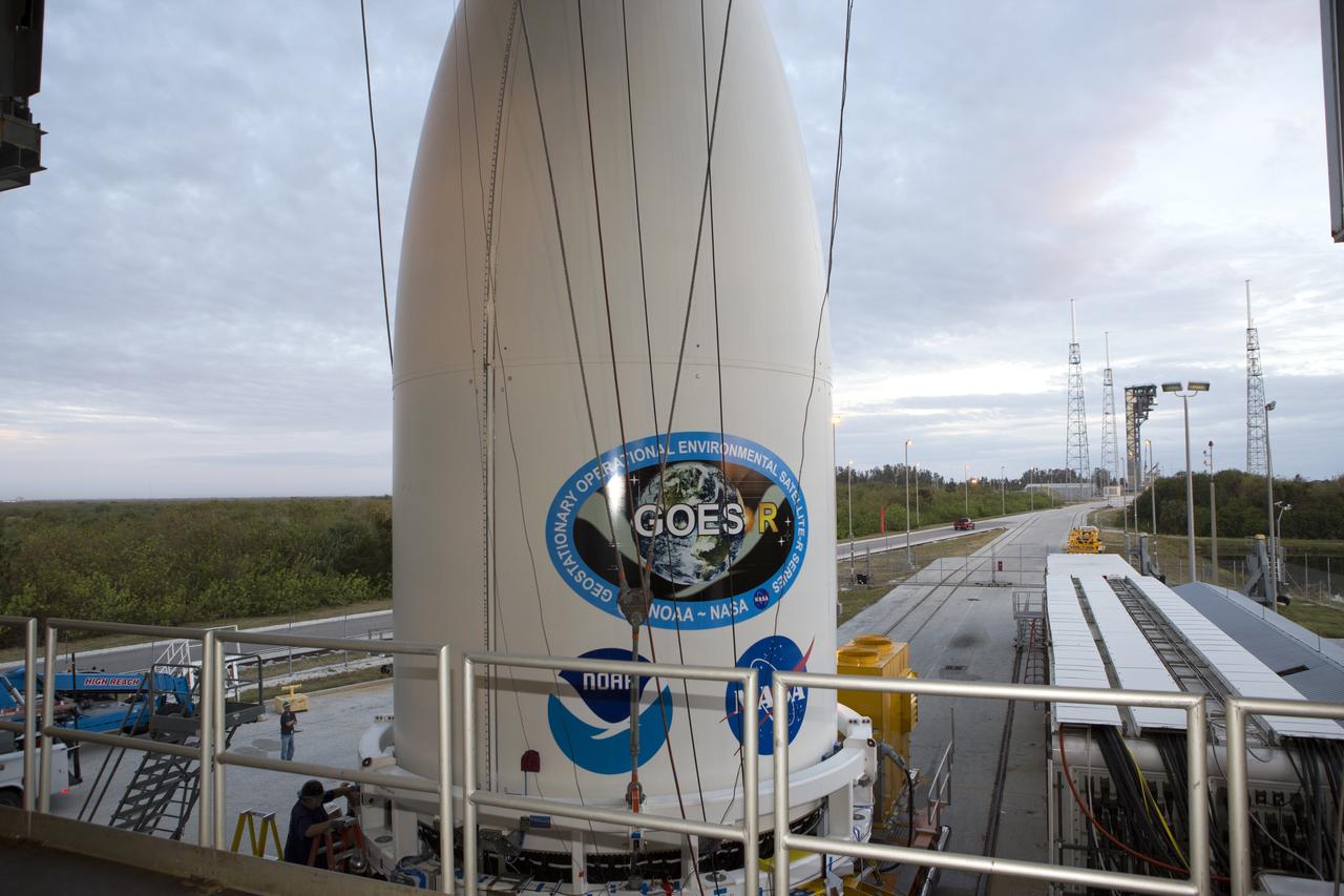 Preparations are underway to lift NOAA's Geostationary Operational Environmental Satellite (GOES-R), enclosed in its payload fairing at the Vertical Integration Facility at Space Launch Complex 41 at Cape Canaveral Air Force Station in Florida. GOES-R will be mated to the United Launch Alliance Atlas V Centaur upper stage in preparation for launch in November. GOES-R is the first satellite in a series of next-generation NOAA GOES Satellites.
