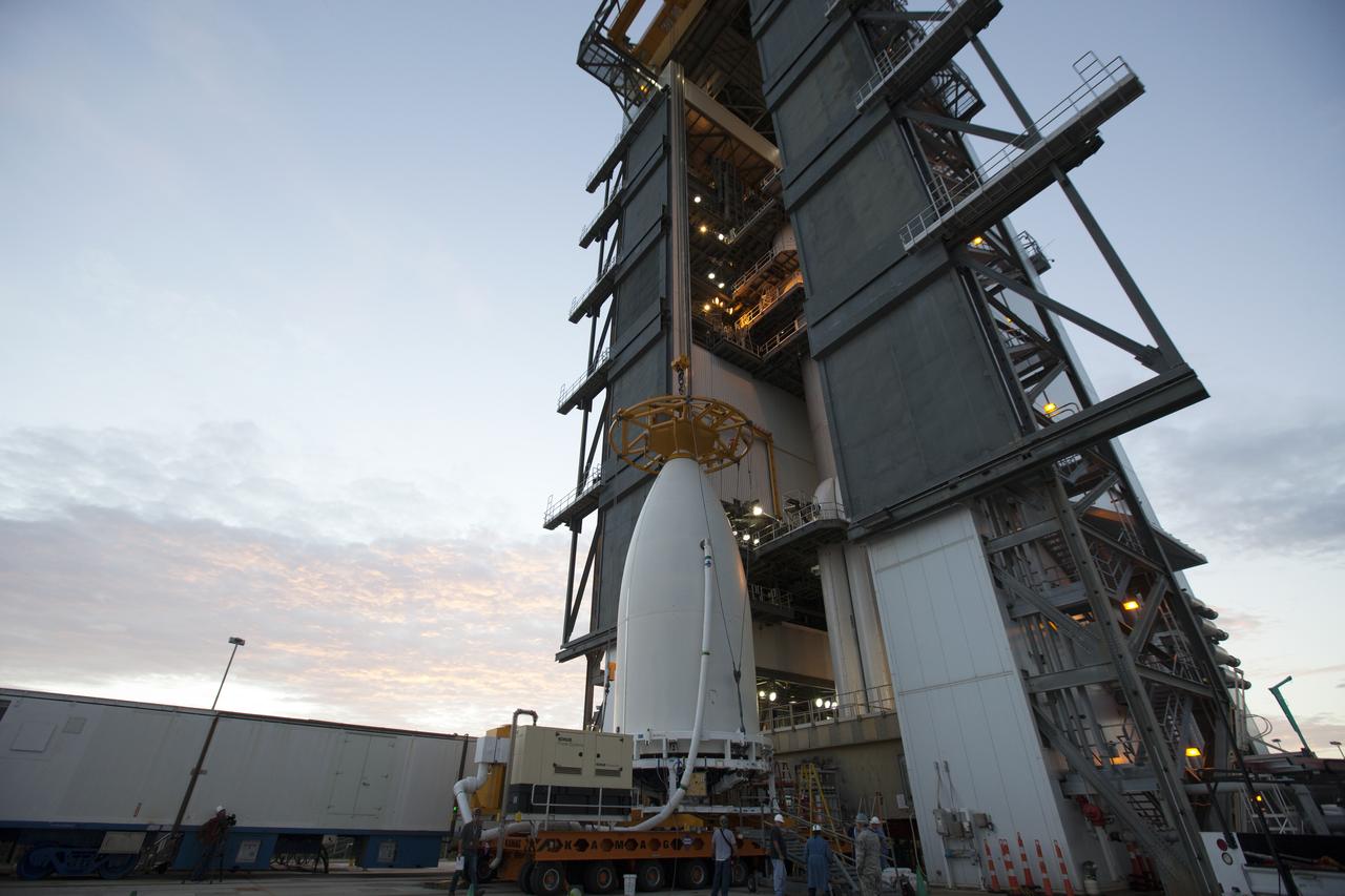 Preparations are underway to lift NOAA's Geostationary Operational Environmental Satellite (GOES-R), enclosed in its payload fairing at the Vertical Integration Facility at Space Launch Complex 41 at Cape Canaveral Air Force Station in Florida. GOES-R will be mated to the United Launch Alliance Atlas V Centaur upper stage in preparation for launch in November. GOES-R is the first satellite in a series of next-generation NOAA GOES Satellites.