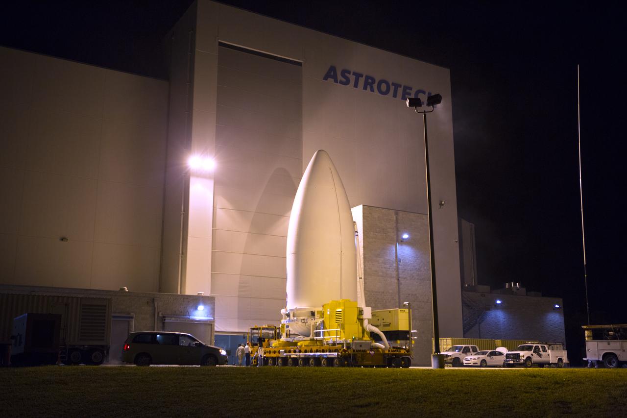 Enclosed in its payload fairing, NOAA's Geostationary Operational Environmental Satellite (GOES-R) departs from the Astrotech payload processing facility in Titusville, Florida, near NASA's Kennedy Space Center. GOES-R will be transported to the Vertical Integration Facility at Space Launch Complex 41 at Cape Canaveral Air Force Station. The satellite will launch aboard a United Launch Alliance Atlas V rocket in November. GOES-R is the first satellite in a series of next-generation NOAA GOES Satellites. 