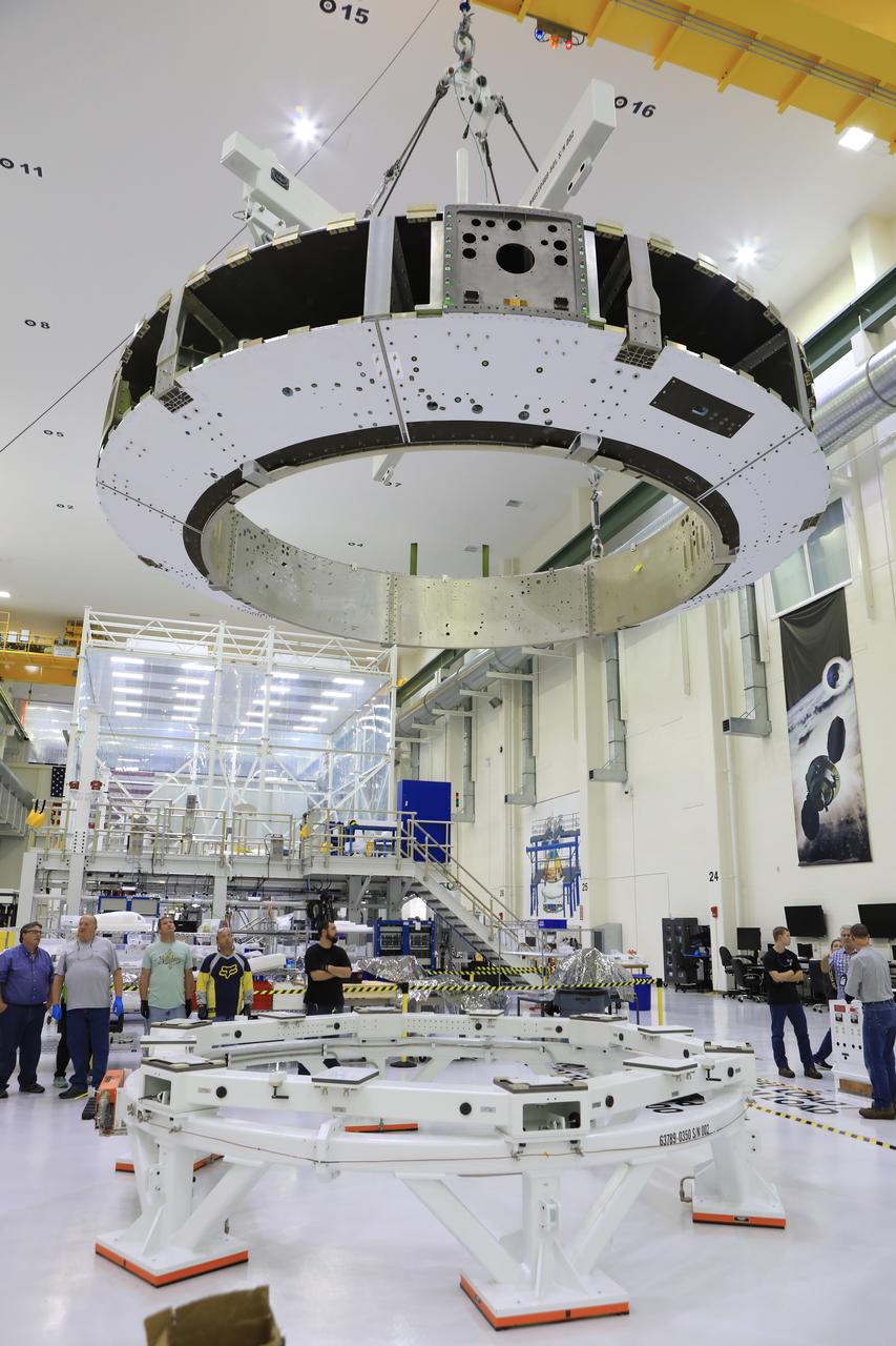 The Orion crew module adapter (CMA) for Exploration Mission 1 was lifted for the first and only time, Nov. 11, during its processing flow inside the Neil Armstrong Operations and Checkout (O&C) Building high bay at the agency's Kennedy Space Center in Florida. The CMA is now undergoing secondary structure outfitting.