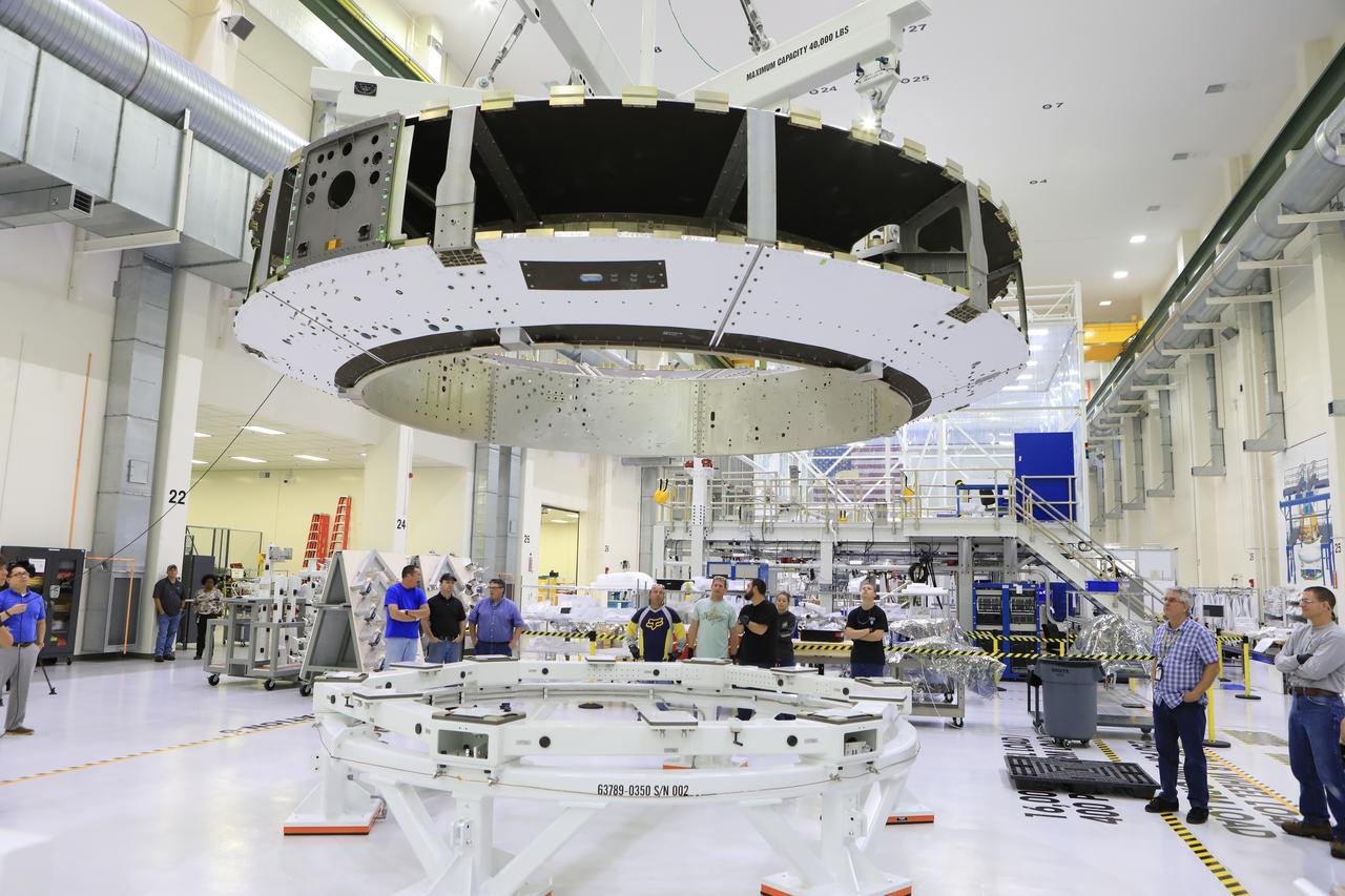 The Orion crew module adapter (CMA) for Exploration Mission 1 was lifted for the first and only time, Nov. 11, during its processing flow inside the Neil Armstrong Operations and Checkout (O&C) Building high bay at the agency's Kennedy Space Center in Florida. The CMA is now undergoing secondary structure outfitting.
