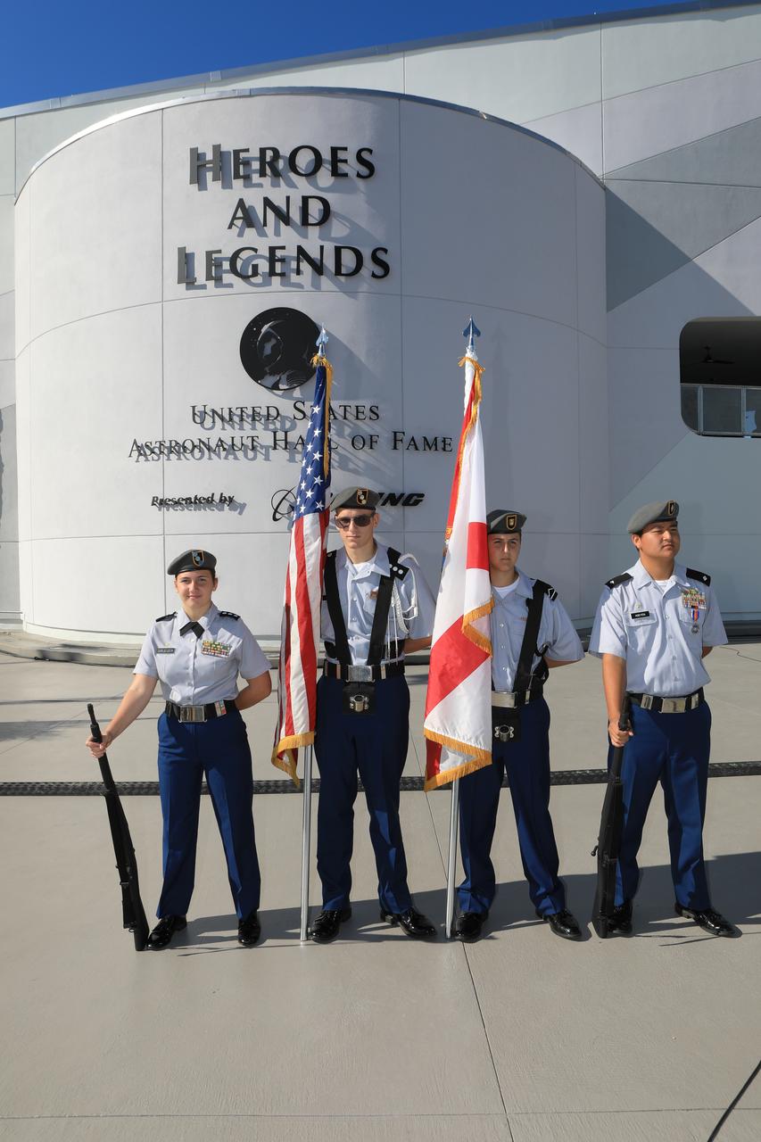 Members of the Merritt Island High School Army Reserve Officers' Training Corps (ROTC) present the colors during the grand opening of the Heroes and Legends attraction at the Kennedy Space Center Visitor Complex. The new facility includes the U.S. Astronaut Hall of Fame and looks back to the pioneering efforts of Mercury, Gemini and Apollo. It sets the stage by providing the background and context for space exploration and the legendary men and women who pioneered the nation's journey into space.