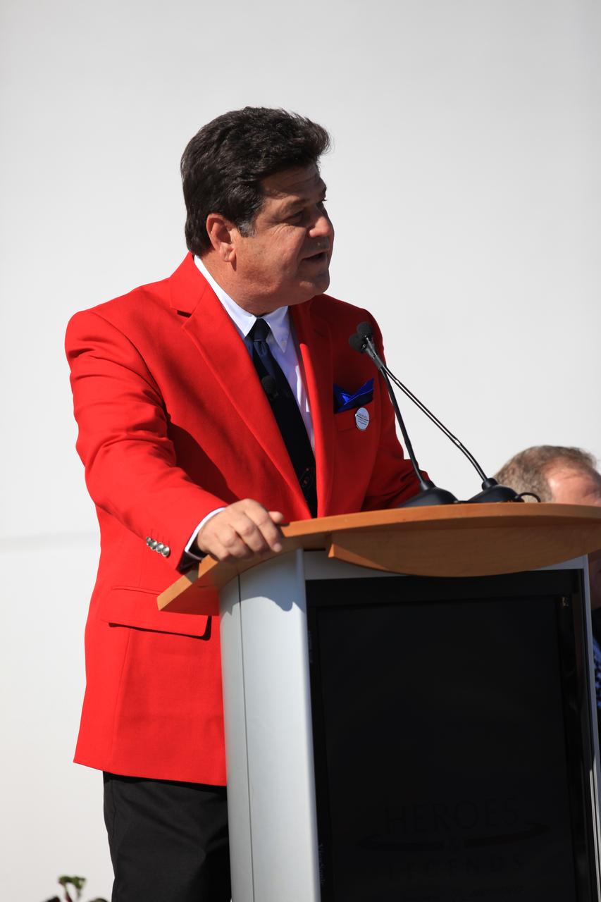 Former CNN space correspondent John Zarrella serves as master of ceremonies during the opening of the Heroes and Legends attraction at the Kennedy Space Center Visitor Complex. The new facility includes the U.S. Astronaut Hall of Fame and looks back to the pioneering efforts of Mercury, Gemini and Apollo. It sets the stage by providing the background and context for space exploration and the legendary men and women who pioneered the nation's journey into space.
