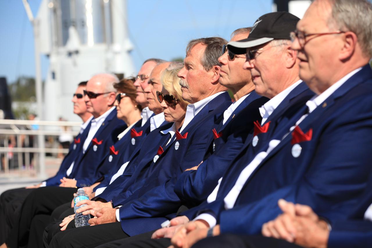 Members of the U.S. Astronaut Hall of Fame listen to speakers during the opening of the Heroes and Legends attraction at the Kennedy Space Center Visitor Complex. The new facility includes the U.S. Astronaut Hall of Fame and looks back to the pioneering efforts of Mercury, Gemini and Apollo. It sets the stage by providing the background and context for space exploration and the legendary men and women who pioneered the nation's journey into space.
