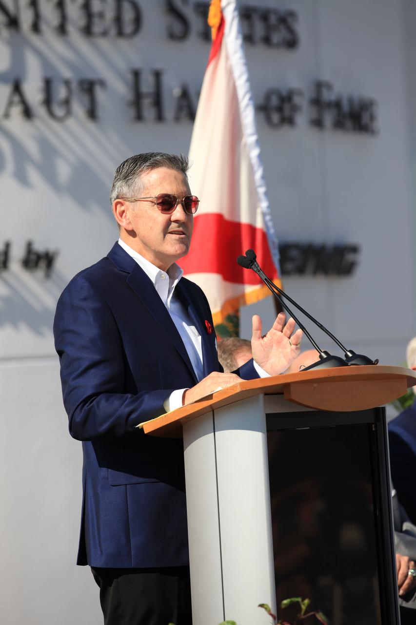 Kennedy Space Center Director Bob Cabana, a former space shuttle astronaut and member of the Astronaut Hall of Fame, speaks to guests during the opening of the Heroes and Legends attraction at the Kennedy Space Center Visitor Complex. The new facility includes the U.S. Astronaut Hall of Fame and looks back to the pioneering efforts of Mercury, Gemini and Apollo. It sets the stage by providing the background and context for space exploration and the legendary men and women who pioneered the nation's journey into space.