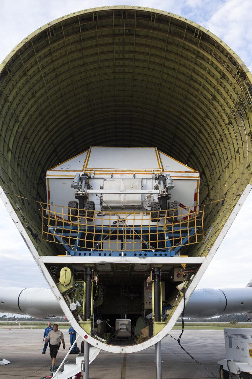 NASA’s Super Guppy aircraft, carrying the Orion crew module structural test article, arrived at the Shuttle Landing Facility operated by Space Florida at NASA’s Kennedy Space Center in Florida. The unique aircraft has been opened to reveal the container holding the STA. The test article will be transported to the Neil Armstrong Operations and Checkout Building high bay for further testing. The Orion spacecraft will launch atop NASA’s Space Launch System rocket on EM-1, its first deep space mission, in late 2018.