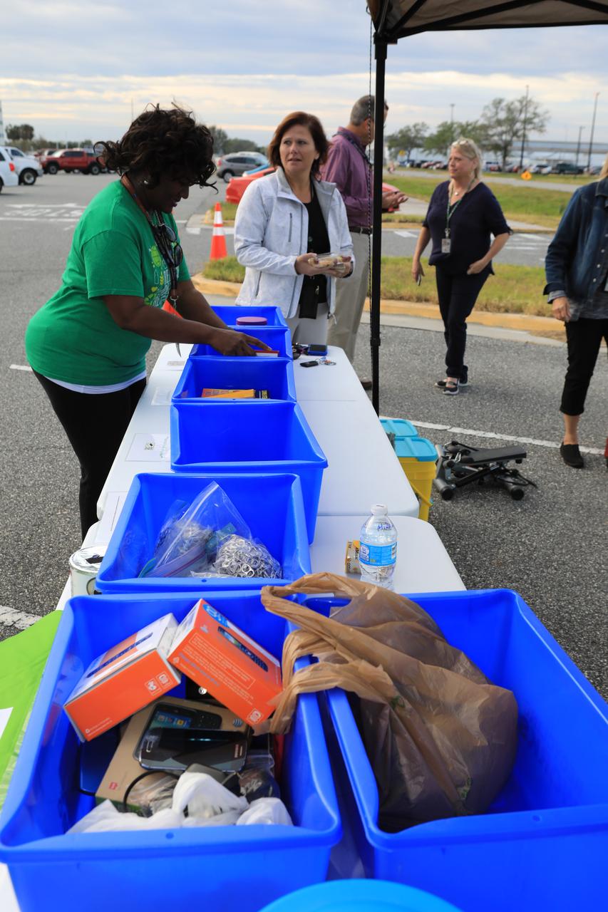 Members of the Sustainability team at NASA's Kennedy Space Center in Florida sort through items donated for reuse or recycling in conjunction with America Recycles Day.  America Recycles Day is a nationally recognized initiative dedicated to promoting recycling in the United States. Kennedy partnered with several organizations in order to donate as many of the items as possible to those who could use them the most in the Space Coast community. Space center personnel brought in electronic waste, gently used household goods, clothing and more.