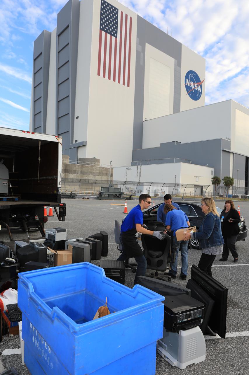 Members of the Sustainability team at NASA's Kennedy Space Center in Florida accept items donated by employees in conjunction with America Recycles Day. America Recycles Day is a nationally recognized initiative dedicated to promoting recycling in the United States. Kennedy partnered with several organizations in order to donate as many of the items as possible to those who could use them the most in the Space Coast community. Space center personnel brought in electronic waste, gently used household goods, clothing and more.