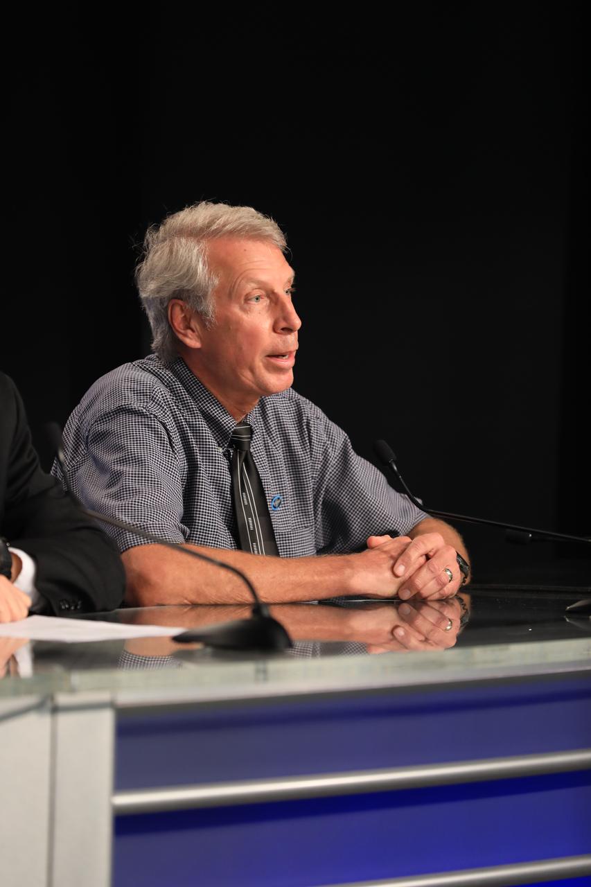 Clay Flinn, launch weather officer, 4th Weather Squadron, Cape Canaveral Air Force Station, speaks to members of the news media during a Geostationary Operational Environmental Satellite (GOES-R) prelaunch news conference in the Kennedy Space Center's Press Site auditorium in Florida. 