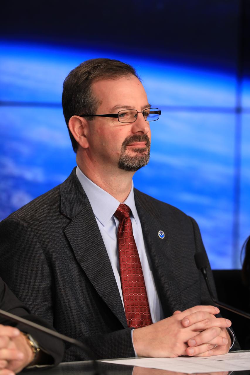 In the Kennedy Space Center's Press Site auditorium, Joseph A. Pica, director of the National Weather Service Office of Observations, speaks to the media during a mission briefing on the Geostationary Operational Environmental Satellite (GOES-R). GOES-R is the first satellite in a series of next-generation GOES satellites for NOAA, the National Oceanographic and Atmospheric Administration. It will launch to a geostationary orbit over the western hemisphere to provide images of storms and help meteorologists predict severe weather conditionals and develop long-range forecasts.