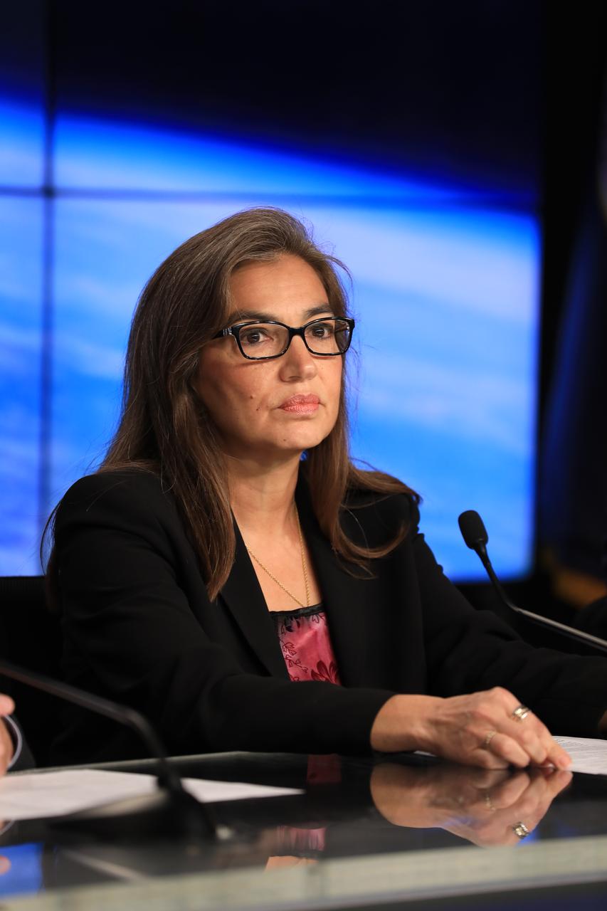 In the Kennedy Space Center's Press Site auditorium, Sandra Cauffman, deputy director of NASA's Earth Science Division, speaks to the media during a mission briefing on the Geostationary Operational Environmental Satellite (GOES-R). GOES-R is the first satellite in a series of next-generation GOES satellites for NOAA, the National Oceanographic and Atmospheric Administration. It will launch to a geostationary orbit over the western hemisphere to provide images of storms and help meteorologists predict severe weather conditionals and develop long-range forecasts.