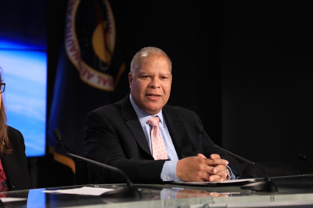 In the Kennedy Space Center's Press Site auditorium, Damon Penn, assistant administrator for response at the Federal Emergency Management Agency, speaks to the media during a mission briefing on the Geostationary Operational Environmental Satellite (GOES-R). GOES-R is the first satellite in a series of next-generation GOES satellites for NOAA, the National Oceanographic and Atmospheric Administration. It will launch to a geostationary orbit over the western hemisphere to provide images of storms and help meteorologists predict severe weather conditionals and develop long-range forecasts.