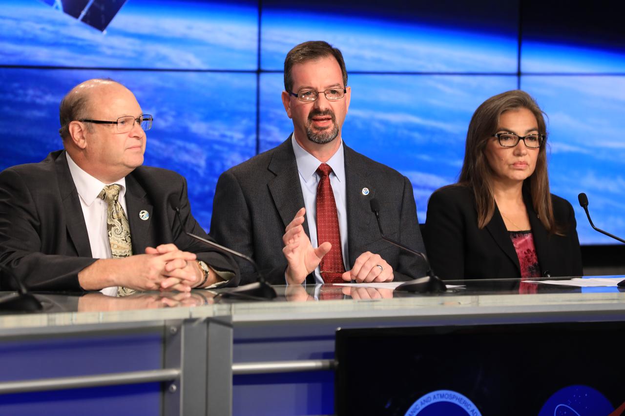 In the Kennedy Space Center's Press Site auditorium, members of the media participate in a mission briefing on the Geostationary Operational Environmental Satellite (GOES-R). Briefing participants from left are: Steven Goodman, NOAA's GOES-R program scientist; Joseph A. Pica, director of the National Weather Service Office of Observations; and Sandra Cauffman, deputy director of NASA's Earth Science Division. GOES-R is the first satellite in a series of next-generation GOES satellites for NOAA, the National Oceanographic and Atmospheric Administration. It will launch to a geostationary orbit over the western hemisphere to provide images of storms and help meteorologists predict severe weather conditionals and develop long-range forecasts.