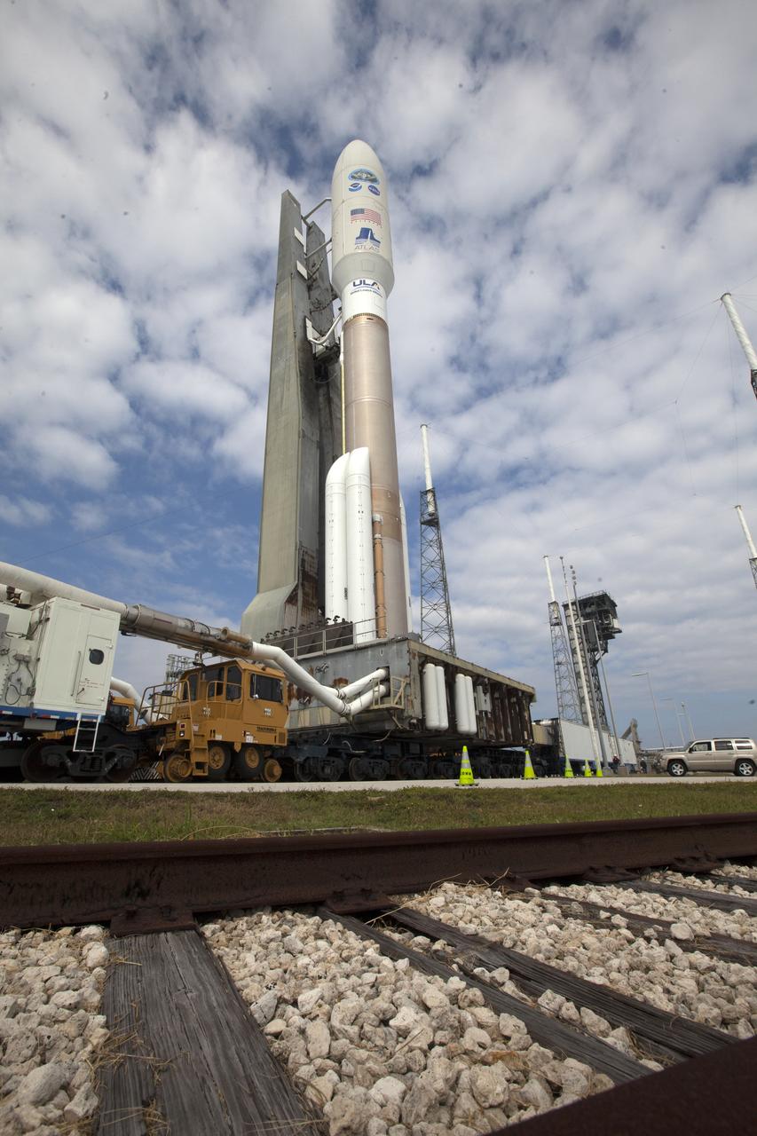A United Launch Alliance Atlas V rocket rolls out to Space Launch Complex 41 at Cape Canaveral Air Force Station in Florida. The launch vehicle will send the Geostationary Operational Environmental Satellite (GOES-R) to a geostationary position over the U.S. GOES-R is the first satellite in a series of next-generation NOAA GOES satellites. 