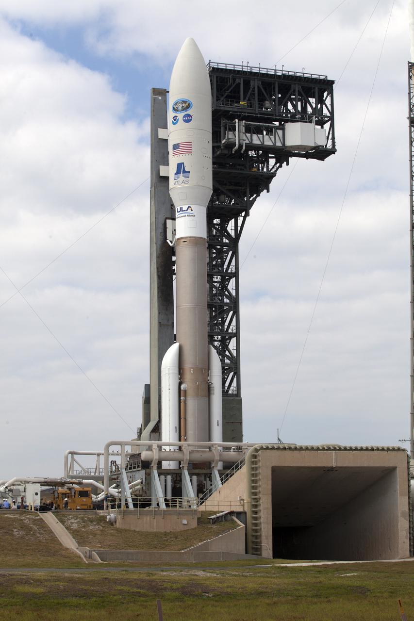 A United Launch Alliance Atlas V rocket arrives at Space Launch Complex 41 at Cape Canaveral Air Force Station in Florida. The launch vehicle will send the Geostationary Operational Environmental Satellite (GOES-R) to a geostationary position over the U.S. GOES-R is the first satellite in a series of next-generation NOAA GOES satellites.