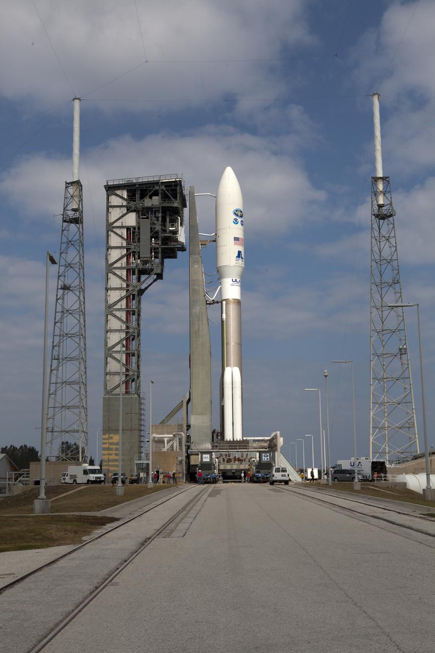 A United Launch Alliance Atlas V rocket arrives at Space Launch Complex 41 at Cape Canaveral Air Force Station in Florida. The launch vehicle will send the Geostationary Operational Environmental Satellite (GOES-R) to a geostationary position over the U.S. GOES-R is the first satellite in a series of next-generation NOAA GOES satellites.