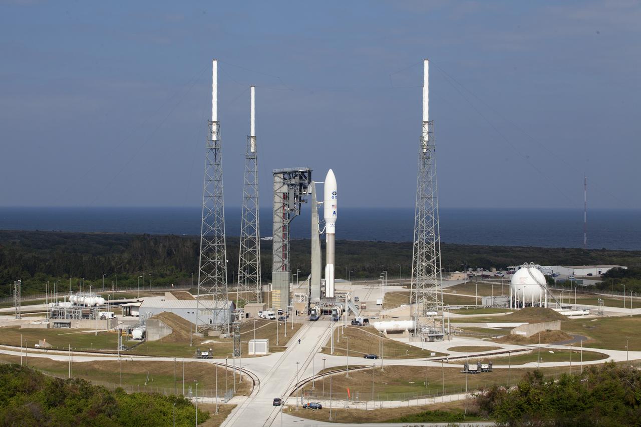 A United Launch Alliance Atlas V rocket arrives at Space Launch Complex 41 at Cape Canaveral Air Force Station in Florida. The launch vehicle will send the Geostationary Operational Environmental Satellite (GOES-R) to a geostationary position over the U.S. GOES-R is the first satellite in a series of next-generation NOAA GOES satellites. 