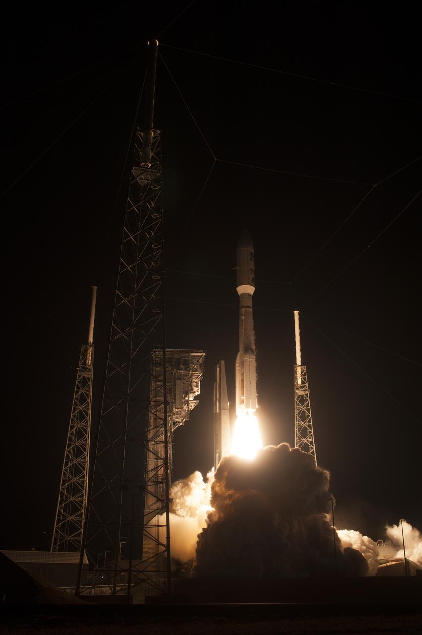 At Cape Canaveral Air Force Station's Space Launch Complex 41, an Atlas V rocket with NOAA's Geostationary Operational Environmental Satellite, or GOES-R, lifts off at 6:42 p.m. EST. GOES-R is the first satellite in a series of next-generation GOES satellites for NOAA, the National Oceanographic and Atmospheric Administration. It will launch to a geostationary orbit over the western hemisphere to provide images of storms and help meteorologists predict severe weather conditionals and develop long-range forecasts.