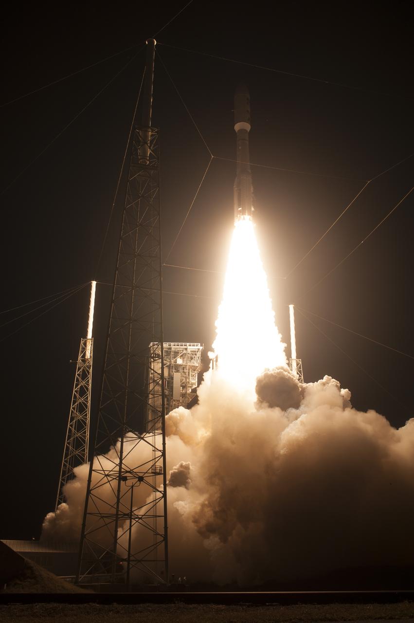 At Cape Canaveral Air Force Station's Space Launch Complex 41, an Atlas V rocket with NOAA's Geostationary Operational Environmental Satellite, or GOES-R, lifts off at 6:42 p.m. EST. GOES-R is the first satellite in a series of next-generation GOES satellites for NOAA, the National Oceanographic and Atmospheric Administration. It will launch to a geostationary orbit over the western hemisphere to provide images of storms and help meteorologists predict severe weather conditionals and develop long-range forecasts.