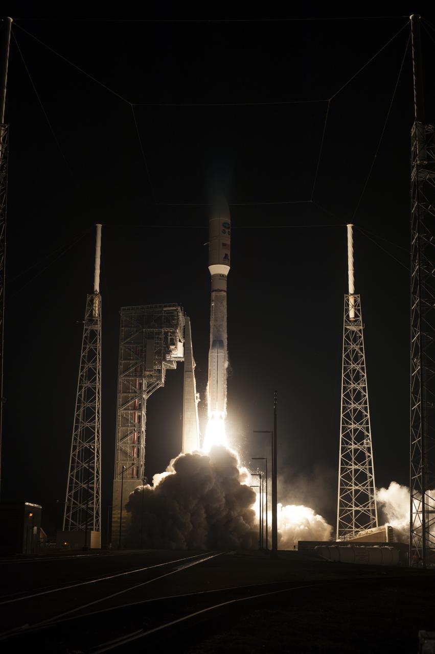 At Cape Canaveral Air Force Station's Space Launch Complex 41, an Atlas V rocket with NOAA's Geostationary Operational Environmental Satellite, or GOES-R, lifts off at 6:42 p.m. EST. GOES-R is the first satellite in a series of next-generation GOES satellites for NOAA, the National Oceanographic and Atmospheric Administration. It will launch to a geostationary orbit over the western hemisphere to provide images of storms and help meteorologists predict severe weather conditionals and develop long-range forecasts.