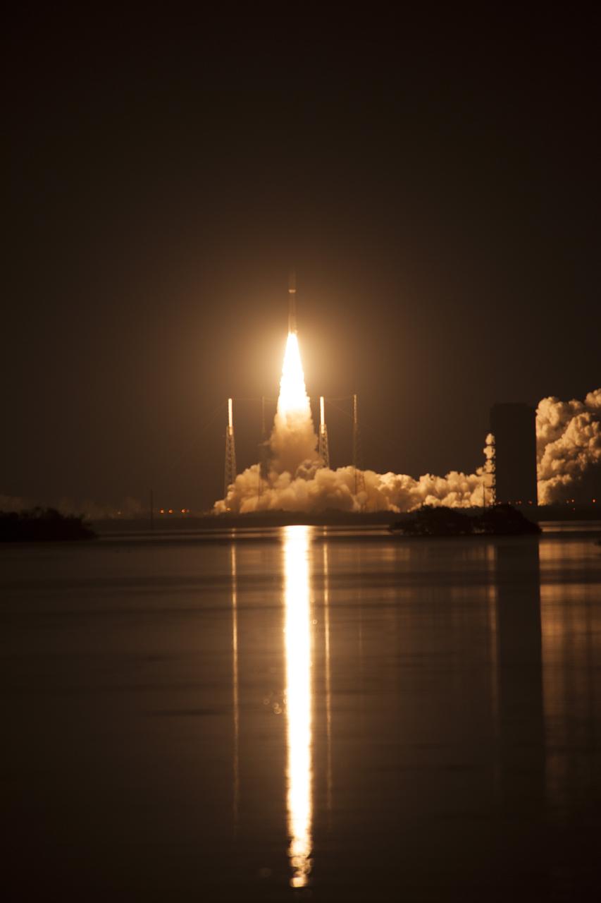 At Cape Canaveral Air Force Station's Space Launch Complex 41, an Atlas V rocket with NOAA's Geostationary Operational Environmental Satellite, or GOES-R, lifts off at 6:42 p.m. EST. GOES-R is the first satellite in a series of next-generation GOES satellites for NOAA, the National Oceanographic and Atmospheric Administration. It will launch to a geostationary orbit over the western hemisphere to provide images of storms and help meteorologists predict severe weather conditionals and develop long-range forecasts.