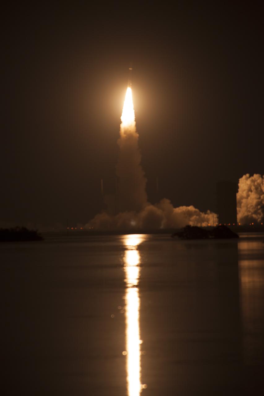 At Cape Canaveral Air Force Station's Space Launch Complex 41, an Atlas V rocket with NOAA's Geostationary Operational Environmental Satellite, or GOES-R, lifts off at 6:42 p.m. EST. GOES-R is the first satellite in a series of next-generation GOES satellites for NOAA, the National Oceanographic and Atmospheric Administration. It will launch to a geostationary orbit over the western hemisphere to provide images of storms and help meteorologists predict severe weather conditionals and develop long-range forecasts.