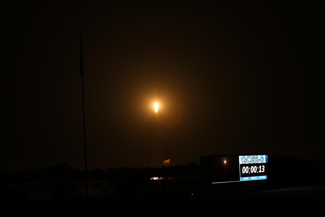 At Cape Canaveral Air Force Station's Space Launch Complex 41, an Atlas V rocket with NOAA's Geostationary Operational Environmental Satellite, or GOES-R, lifts off at 6:42 p.m. EST. GOES-R is the first satellite in a series of next-generation GOES satellites for NOAA, the National Oceanographic and Atmospheric Administration. It will launch to a geostationary orbit over the western hemisphere to provide images of storms and help meteorologists predict severe weather conditionals and develop long-range forecasts. 