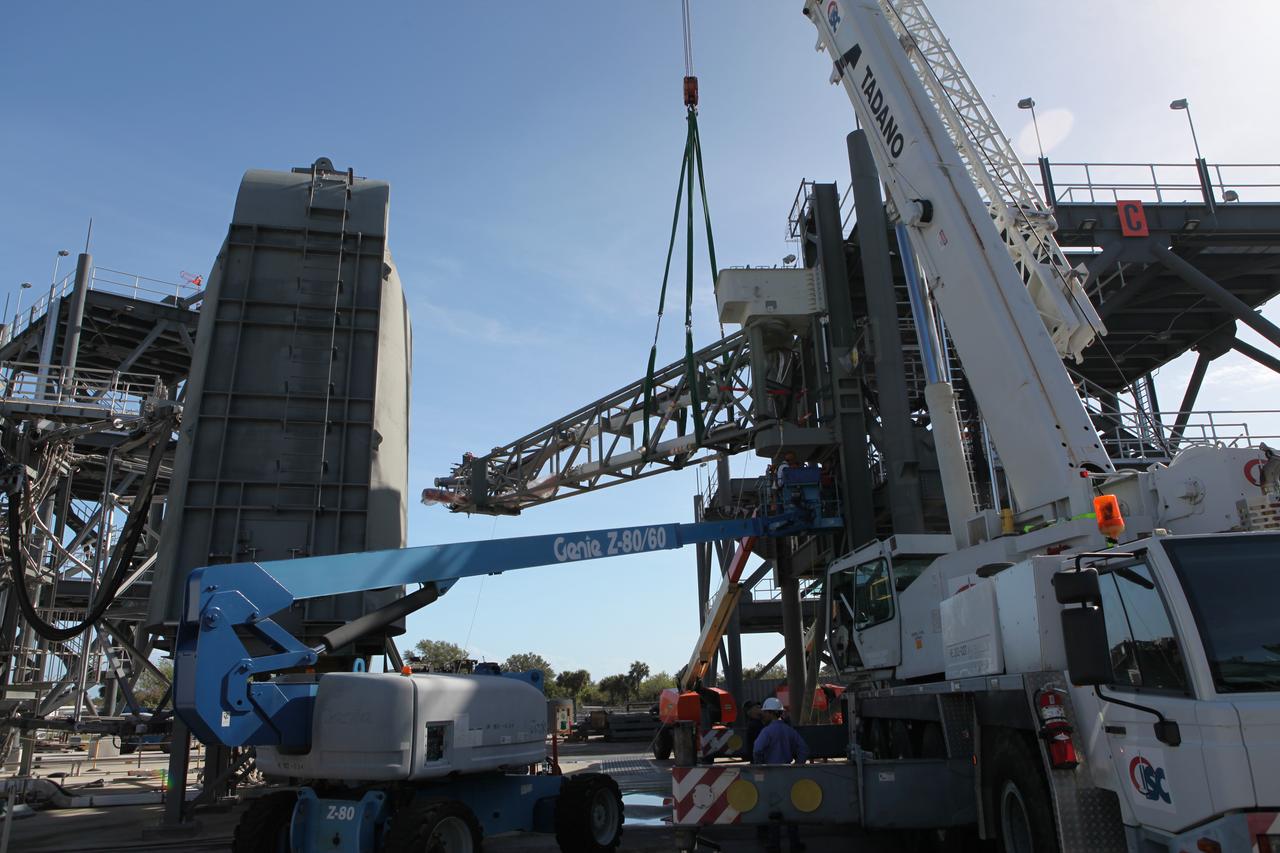The Core State Inter-tank Umbilical (CSITU) for NASA's Space Launch System (SLS) is attached to the "C" tower of the Vehicle Motion Simulator 2 test fixture at the Launch Equipment Test Facility at the agency's Kennedy Space Center in Florida. The umbilical will undergo a series of tests to confirm it is functioning properly and ready to support the SLS rocket for launch. The CSITU is a swing arm umbilical that will connect to the SLS core stage inter-tank. The umbilical's main function is to vent gaseous hydrogen from the core stage. The arm also provides conditioned air, pressurized gases, and power and data connection to the core stage. The center’s Engineering Directorate and the Ground Systems Development and Operations Program are overseeing processing and testing of the umbilicals. 