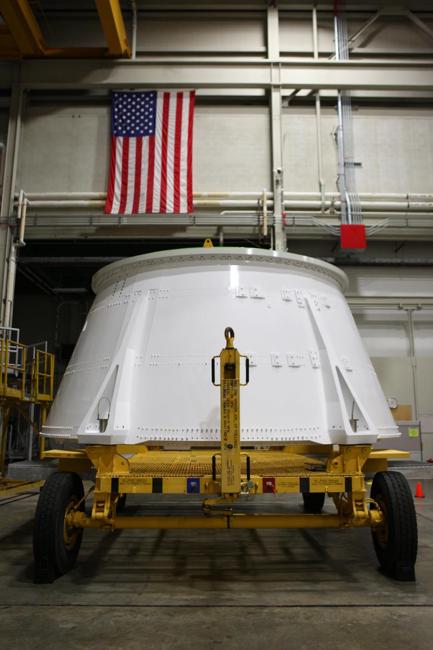 The right hand aft skirt for NASA's Space Launch System (SLS) rocket has been refurbished and painted and is ready for the assembly process in the Booster Fabrication Facility at the agency's Kennedy Space Center in Florida. The aft skirt was refurbished and painted in support facilities at the Hangar AF facility at Cape Canaveral Air Force Station in Florida. The space shuttle-era aft skirt will be used on the right hand booster of the SLS for Exploration Mission 1 (EM-1). NASA is preparing for EM-1, deep space missions, and the Journey to Mars. 