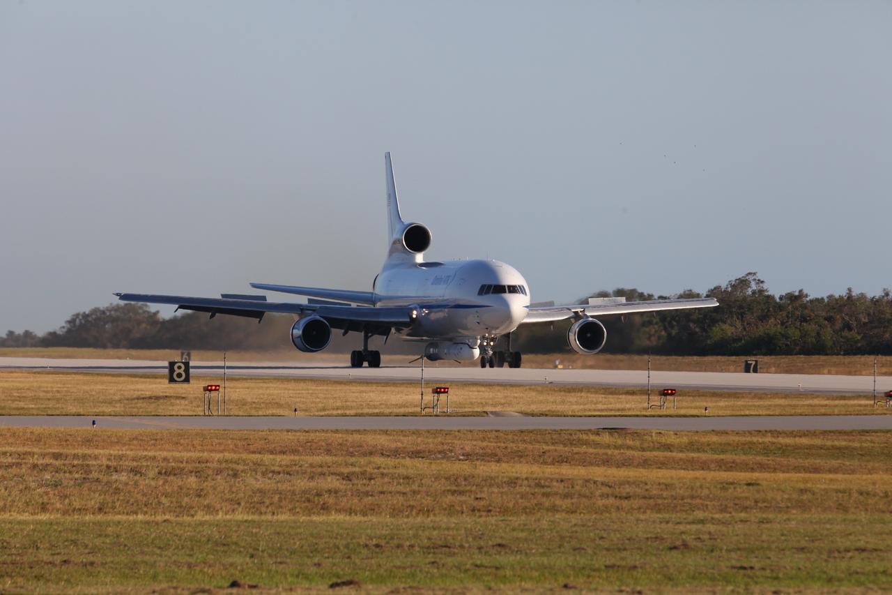 The Orbital ATK L-1011 Stargazer aircraft touches down at 3:57 p.m. EST at the Skid Strip at Cape Canaveral Air Force Station in Florida. Attached beneath the Stargazer is the Orbital ATK Pegasus XL with NASA's Cyclone Global Navigation Satellite System (CYGNSS) on board. CYGNSS was processed and prepared for its mission at Vandenberg Air Force Base in California. CYGNSS is scheduled for its airborne launch aboard the Pegasus XL rocket from the Skid Strip on Dec. 12. CYGNSS will make frequent and accurate measurements of ocean surface winds throughout the life cycle of tropical storms and hurricanes. The data that CYGNSS provides will enable scientists to probe key air-sea interaction processes that take place near the core of storms, which are rapidly changing and play a critical role in the beginning and intensification of hurricanes. 