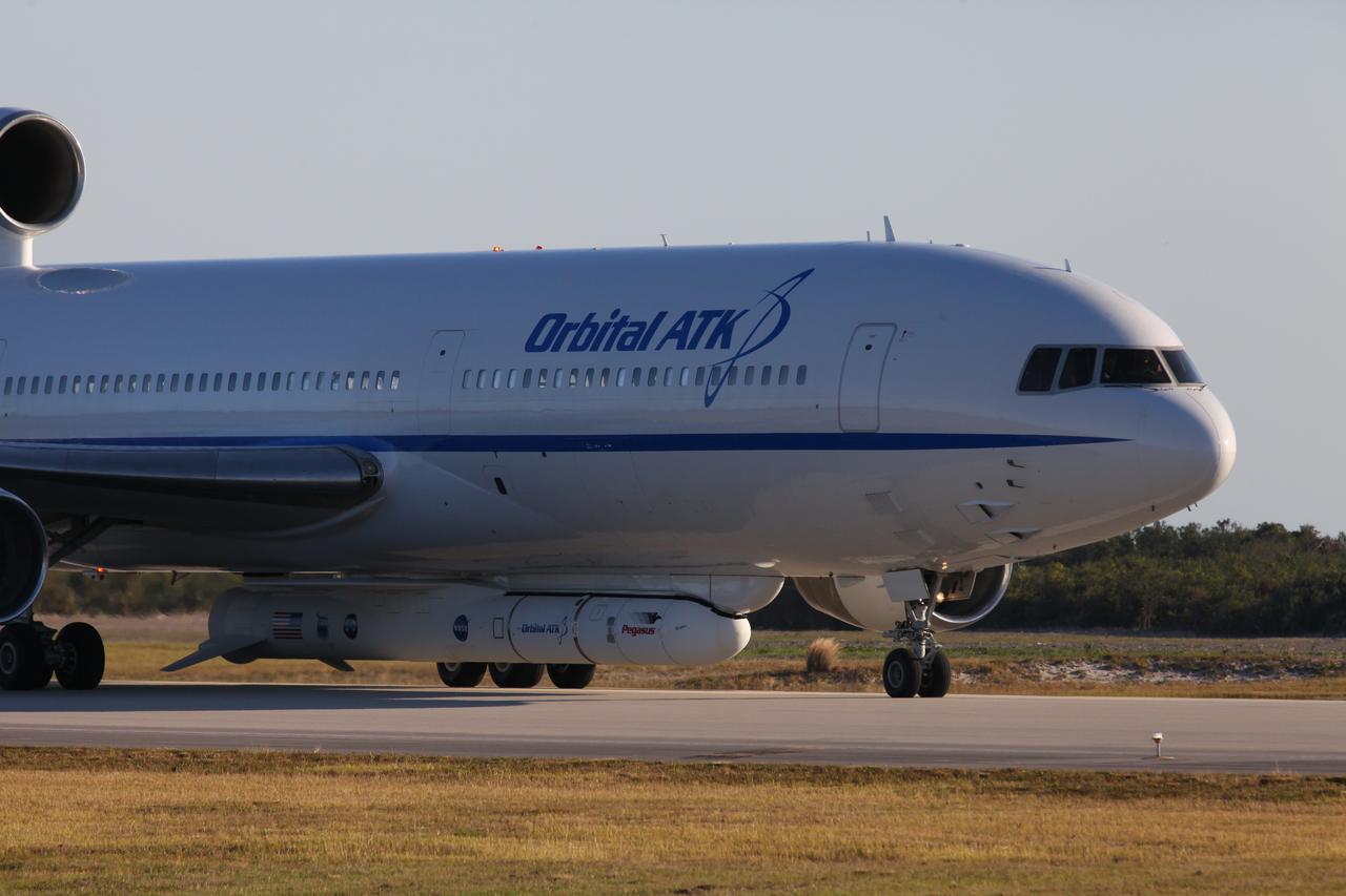 The Orbital ATK L-1011 Stargazer aircraft has arrived at the Skid Strip at Cape Canaveral Air Force Station in Florida. Attached beneath the Stargazer is the Orbital ATK Pegasus XL with NASA's Cyclone Global Navigation Satellite System (CYGNSS) on board. CYGNSS was processed and prepared for its mission at Vandenberg Air Force Base in California. CYGNSS is scheduled for its airborne launch aboard the Pegasus XL rocket from the Skid Strip on Dec. 12. CYGNSS will make frequent and accurate measurements of ocean surface winds throughout the life cycle of tropical storms and hurricanes. The data that CYGNSS provides will enable scientists to probe key air-sea interaction processes that take place near the core of storms, which are rapidly changing and play a critical role in the beginning and intensification of hurricanes. 