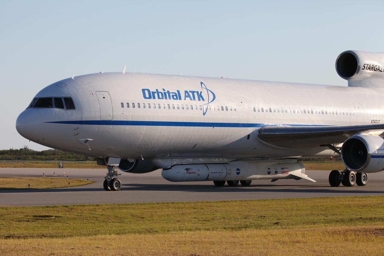 The Orbital ATK L-1011 Stargazer aircraft has arrived at the Skid Strip at Cape Canaveral Air Force Station in Florida. Attached beneath the Stargazer is the Orbital ATK Pegasus XL with NASA's Cyclone Global Navigation Satellite System (CYGNSS) on board. CYGNSS was processed and prepared for its mission at Vandenberg Air Force Base in California. CYGNSS is scheduled for its airborne launch aboard the Pegasus XL rocket from the Skid Strip on Dec. 12. CYGNSS will make frequent and accurate measurements of ocean surface winds throughout the life cycle of tropical storms and hurricanes. The data that CYGNSS provides will enable scientists to probe key air-sea interaction processes that take place near the core of storms, which are rapidly changing and play a critical role in the beginning and intensification of hurricanes. 