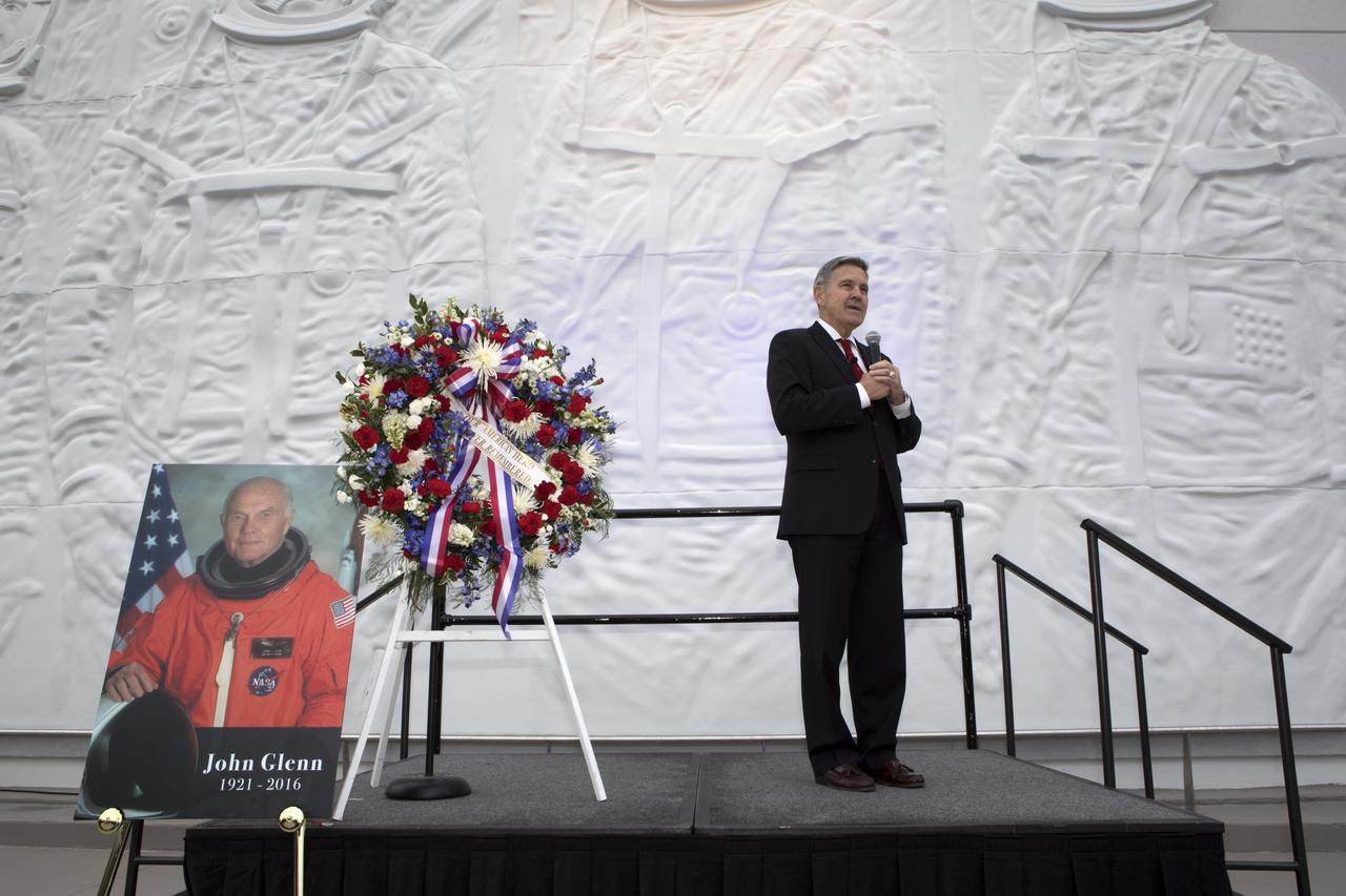 Former astronaut Bob Cabana, director of NASA's Kennedy Space Center in Florida, speaks at the Heroes and Legends exhibit hall at the Kennedy Space Center Visitor Complex during a ceremony remembering astronaut Sen. John Glenn who passed away Dec. 8, 2016 at age 95. Glenn, one of the first seven astronauts NASA chose to fly the first missions of the Space Age, gained worldwide acclaim during his Mercury mission that made him the first American to orbit the Earth. He flew again in 1998 aboard space shuttle Discovery at age 77.