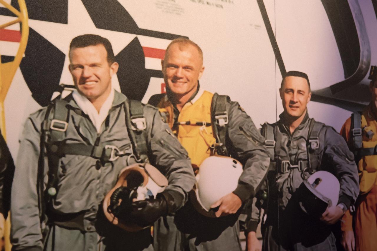A life-size photo inside the Heroes and Legends exhibit hall at the Kennedy Space Center Visitor Complex shows astronaut Sen. John Glenn, center, with fellow Mercury Seven astronauts Gordon Cooper, left, and Gus Grissom. Glenn, who passed away Dec. 8, 2016 at age 95. Glenn, was the last surviving member of NASA's original astronaut class. He gained worldwide acclaim during his Mercury mission that made him the first American to orbit the Earth. He flew again in 1998 aboard space shuttle Discovery at age 77. 