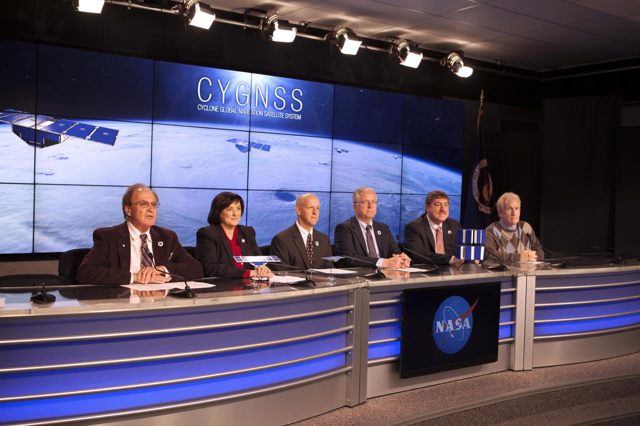 In the Kennedy Space Center’s Press Site auditorium, NASA and industry leaders speak to members of the media during a prelaunch news conference for the agency’s Cyclone Global Navigation Satellite System, or CYGNSS, spacecraft. From left are: George Diller of NASA Communications; Christine Bonniksen, CYGNSS program executive in the Earth Science Division of the Science Mission Directorate at NASA Headquarters in Washington, D.C.; Tim Dunn, NASA launch director at Kennedy; Bryan Baldwin, Pegasus launch vehicle program manager for Orbital ATK, Dulles, Virginia; John Scherrer, CYGNSS project manager for the Southwest Research Institute in San Antonio, Texas; and Mike Rehbein, launch weather officer for the 45th Weather Squadron at Cape Canaveral Air Force Station, Florida. The eight CYGNSS satellites will make frequent and accurate measurements of ocean surface winds throughout the life cycle of tropical storms and hurricanes. The data will help scientists probe key air-sea interaction processes that take place near the core of storms, which are rapidly changing and play a crucial role in the beginning and intensification of hurricanes.